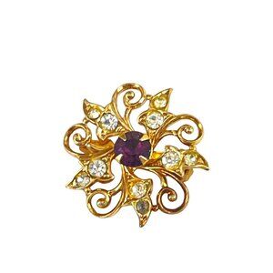 Vintage Gold Tone Floral Brooch With Purple & Clear Rhinestones For Women